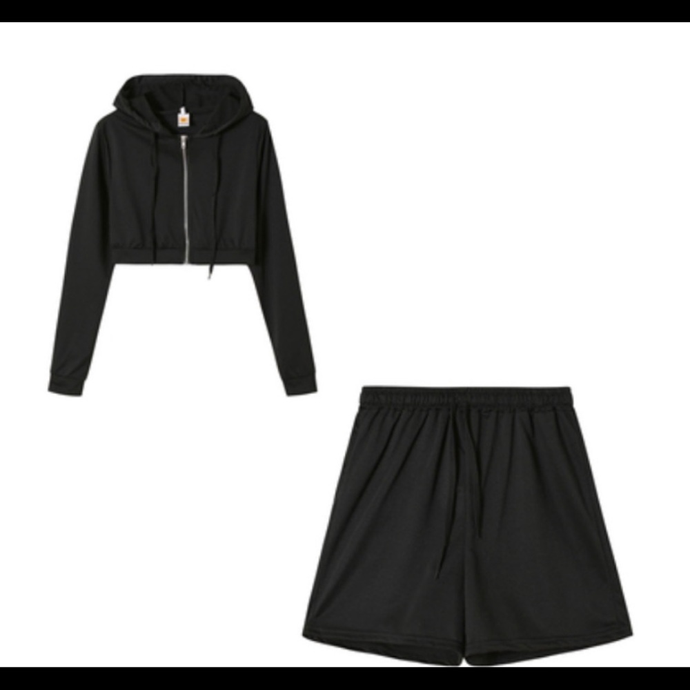 Zip up crop top hoodie shorts set